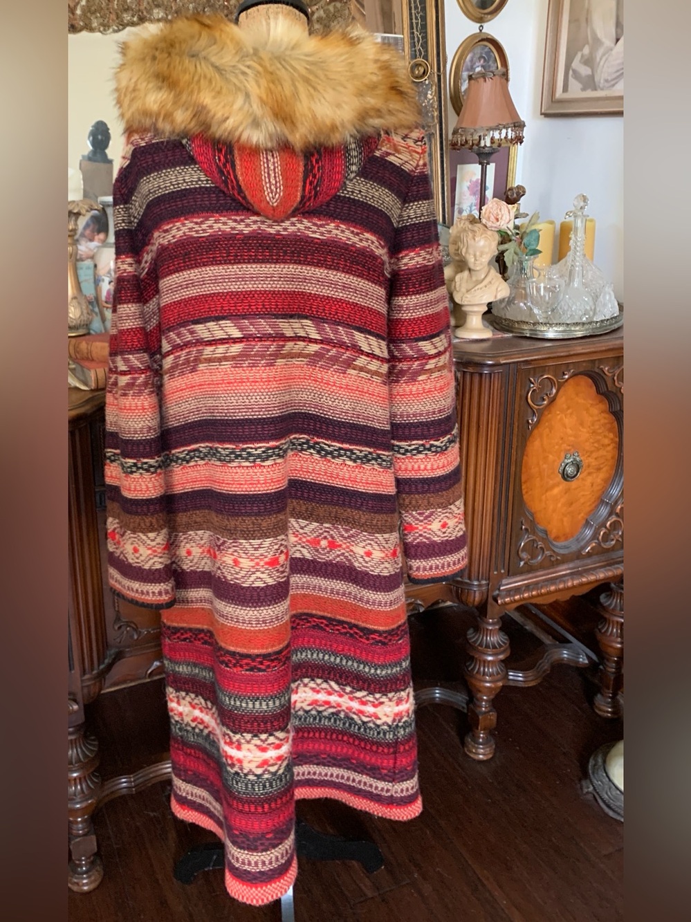 Vintage Boho Nepal-inspired Cardigan Sweater w Leather Belt & Faux Fur Hood - Picture 8 of 16